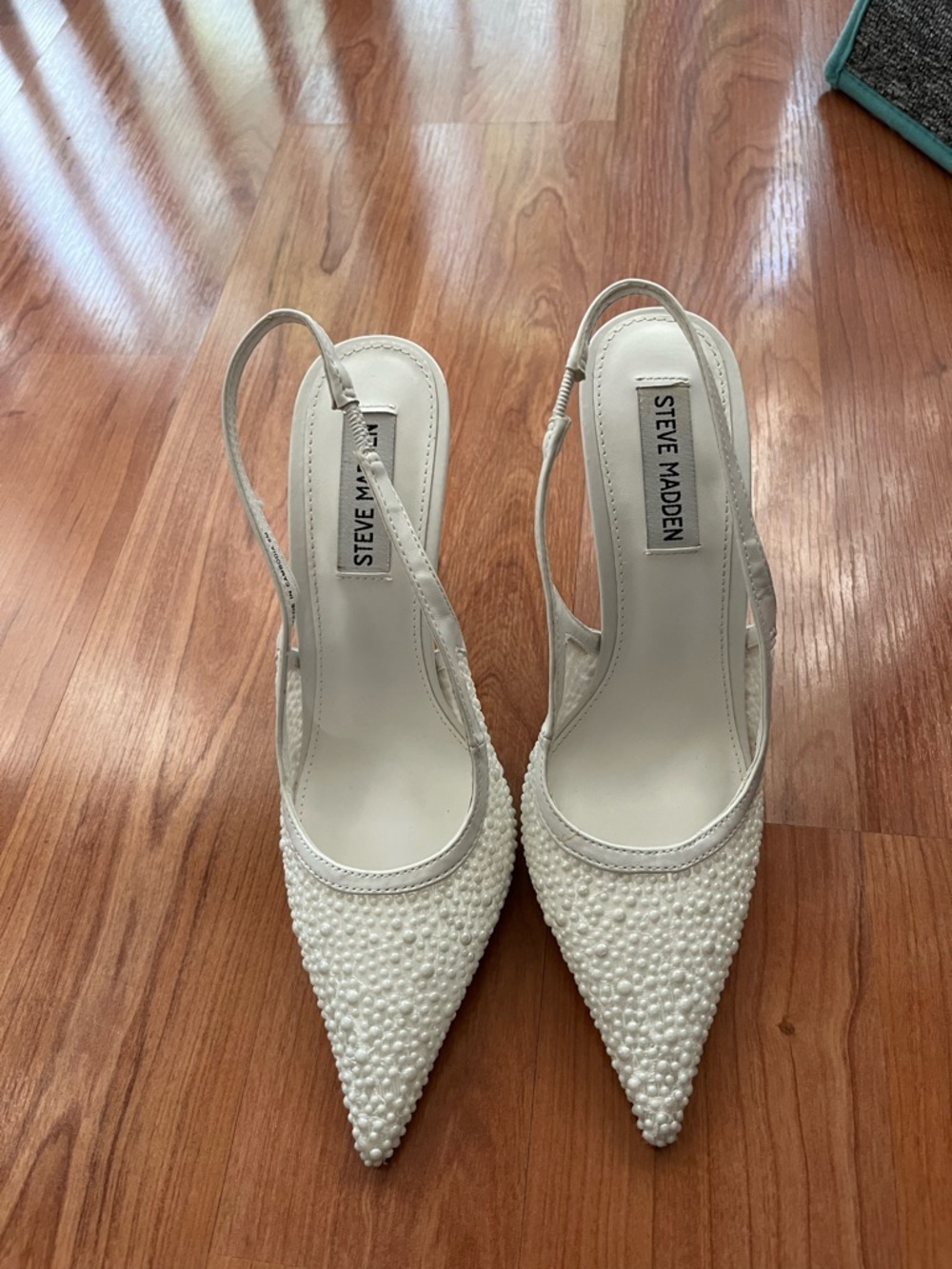 Steve Madden White Pearl-Embellished Pointed Slingback Heels